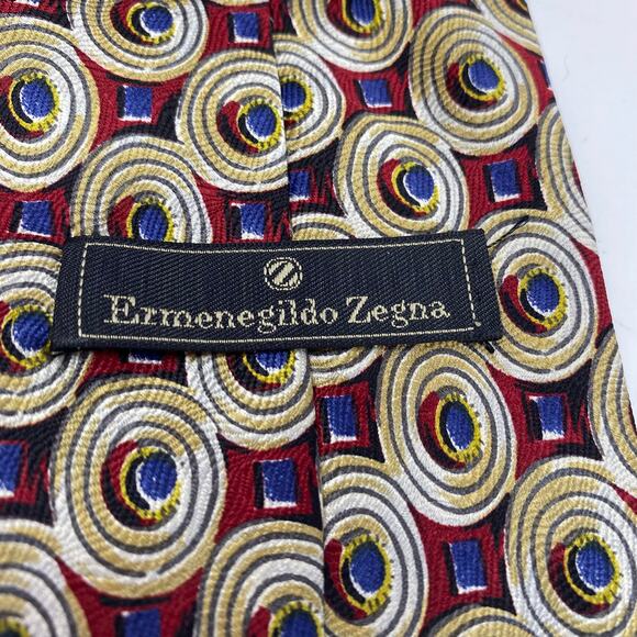 Ermenegildo Zegna Red Gold Circle Blue Square Pattern 58"x3.5" Silk Tie - Picture 3 of 6